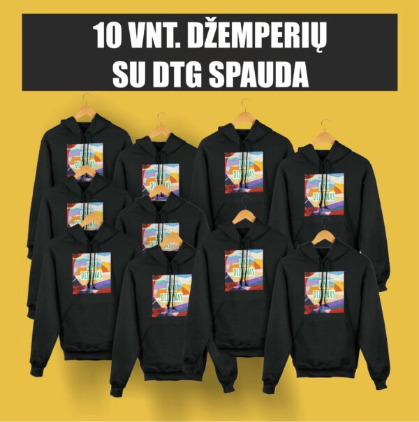 10 vnt. džemperių su kapišonu su spauda (tiesioginė DTG spauda - pilnas spalvingumas)