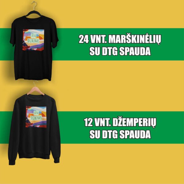 24 vnt. spalvotų marškinėlių ir 12 vnt. džemperių be kapišono su spauda (tiesioginė DTG spauda - pilnas spalvingumas)