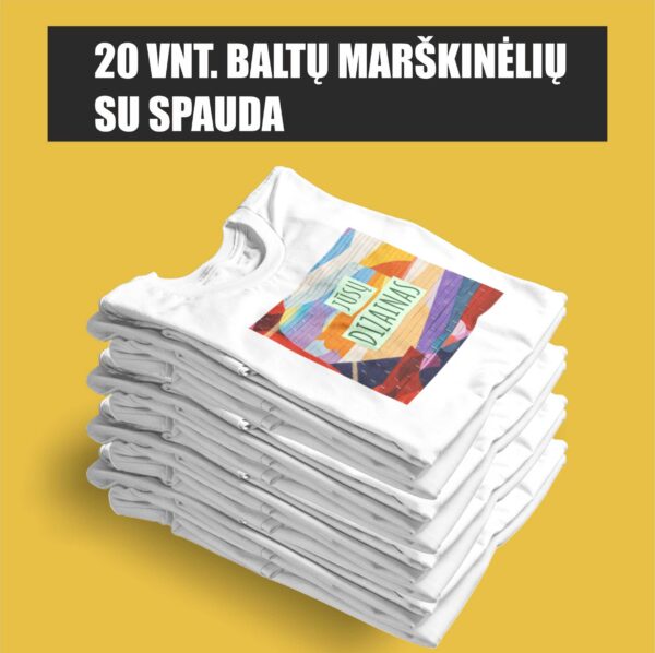 20 vnt. baltų marškinėlių su spauda (tiesioginė DTG spauda - pilnas spalvingumas)