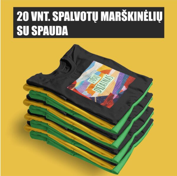 20 vnt. spalvotų marškinėlių su spauda (tiesioginė DTG spauda - pilnas spalvingumas)