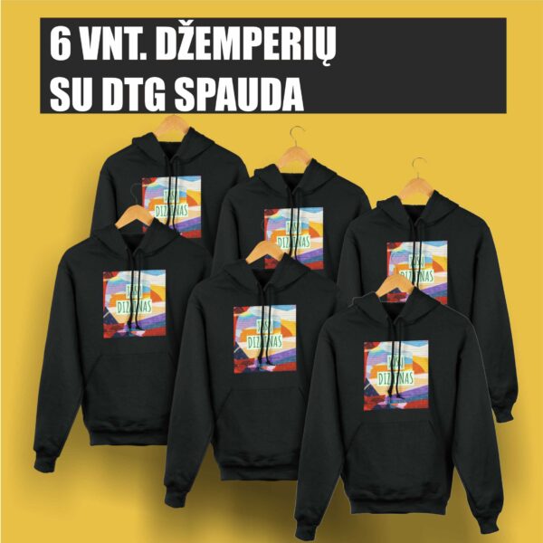 6 vnt. džemperių su kapišonu su spauda (tiesioginė DTG spauda - pilnas spalvingumas)
