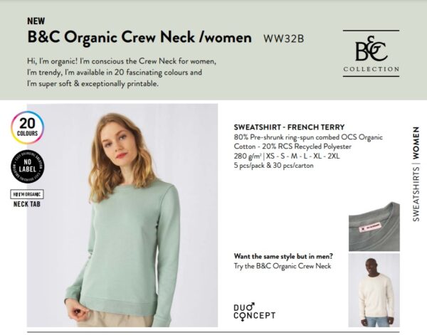 Moteriškas organinės medvilnės džemperis be kapišono B&C Organic Crew Neck Women - Image 5