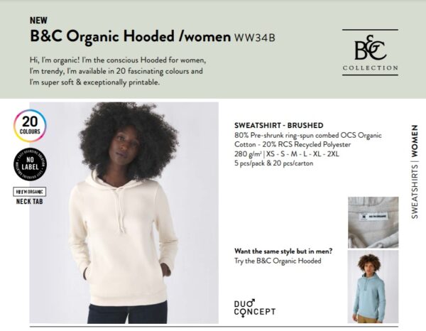 Moteriškas organinės medvilnės džemperis su kapišonu B&C Organic Hooded Women - Image 6