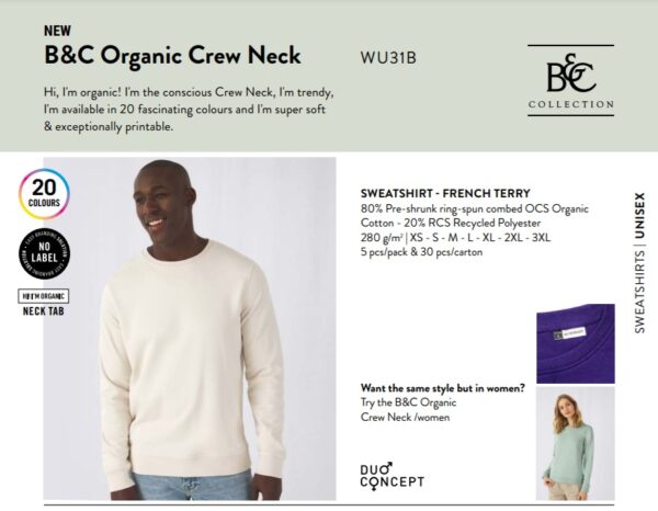Vyriškas organinės medvilnės džemperis be kapišono B&C Organic Crew Neck - Image 5