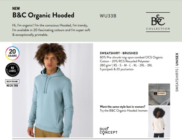 Vyriškas organinės medvilnės džemperis su kapišonu B&C Organic Hooded Men - Image 6